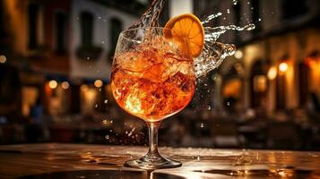 AI generated Generative AI, glass of Aperol Spritz on wooden table with blur background with lights of street bar, cafe or restaurant photo