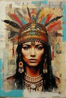 ai generado generativo ai, pintado azteca mujer en diario collage, tradicional ritual máscara foto