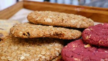 Many different cookies on trays display bakery cafe video