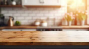 AI generated Generative AI, empty wooden tabletop on blurred modern kitchen background with copy space photo
