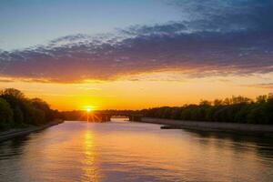 ai generado dorado hora puesta de sol en el río. Pro foto