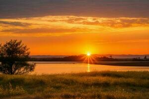 AI generated Golden hour sunset on the river. Pro Photo