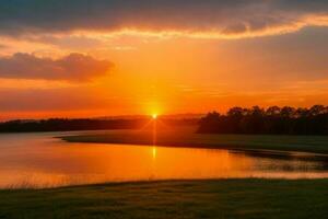 AI generated Golden hour sunset on the lake. Pro Photo