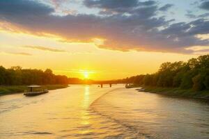 ai generado dorado hora puesta de sol en el lago. Pro foto