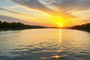 ai generado dorado hora puesta de sol en el lago. Pro foto