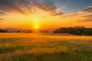 ai generado dorado hora puesta de sol en el campo. Pro foto