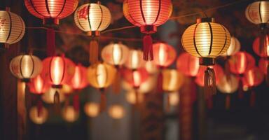 AI generated hung red lanterns, photo