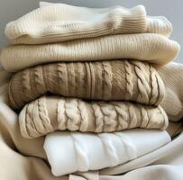 AI generated many different types of knitted garments are stacked together, i photo