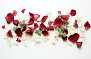ai generado un arreglo de flor pétalos y eucalipto en un blanco blanco antecedentes foto