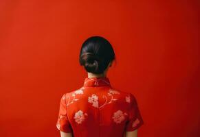 ai generado un chino mujer en rojo vestido en un cheongsam en pie siguiente a rojo antecedentes foto