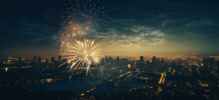 ai generado un brillante Fuegos artificiales ligero brillante terminado el ciudad foto