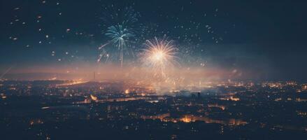 ai generado un brillante Fuegos artificiales ligero brillante terminado el ciudad foto