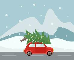 vector Navidad y nuevo año tarjeta. retro coche con un Navidad árbol en el techo. modelo para saludo tarjeta, póster, bandera, invitación diseño. vector ilustración.