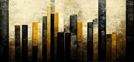 AI generated Generative AI, Black and golden watercolor abstract stock market charts painted background. Ink black street graffiti art on a textured paper vintage background, washes and brush strokes photo