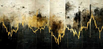 AI generated Generative AI, Black and golden watercolor abstract stock market charts painted background. Ink black street graffiti art on a textured paper vintage background, washes and brush strokes photo