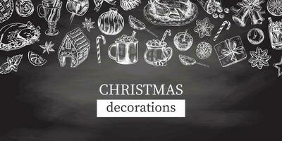 Hand-drawn Christmas template in sketch style. Wreath, gift, sweets, food, Christmas tree decor, drinks and spices on chalkboard background. Vintage design with an empty space. vector