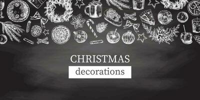 Hand-drawn Christmas template in sketch style. Wreath, gift, sweets, food, Christmas tree decor, drinks and spices on chalkboard background. Vintage design with an empty space. vector