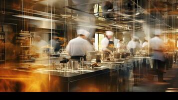 ai generado generativo ai, ocupado cocineros trabajando en el restaurante cocina en movimiento difuminar, velocidad foto