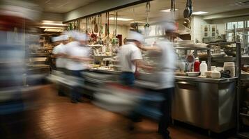 ai generado generativo ai, ocupado cocineros trabajando en el restaurante cocina en movimiento difuminar, velocidad foto