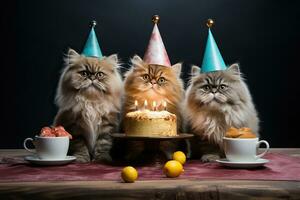 ai generado Tres mullido gatos en festivo tapas celebrar un cumpleaños a un de madera mesa con un pastel. generado por artificial inteligencia foto