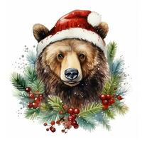 AI generated Generative AI, cute wild bear animal, Christmas hat and ugly sweaters, watercolor style. photo