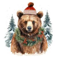 ai generado generativo ai, linda salvaje oso animal, Navidad sombrero y feo suéteres, acuarela estilo. foto