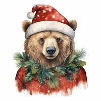 AI generated Generative AI, cute wild bear animal, Christmas hat and ugly sweaters, watercolor style. photo
