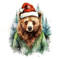 ai generado generativo ai, linda salvaje oso animal, Navidad sombrero y feo suéteres, acuarela estilo. foto