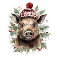 AI generated Generative AI, cute wild boar animal, Christmas hat and ugly sweaters, watercolor style. photo