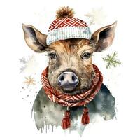 AI generated Generative AI, cute wild boar animal, Christmas hat and ugly sweaters, watercolor style. photo