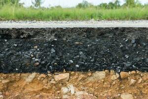 The layer of asphalt road with soil and rock. photo