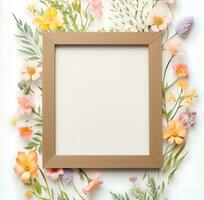 AI generated Summer flowers border under the frame template on a white background. High quality. AI Generative photo