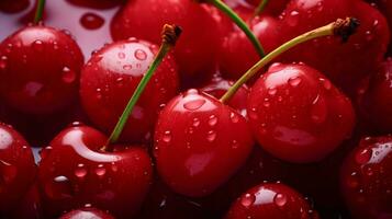 AI generated Cherry background. Close-up photoshoot of berries in droplets of water. High quality. AI Generative photo