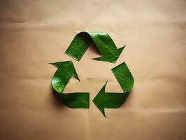 ai generado reciclaje símbolo. verde hojas y un flecha símbolo en un sábana de papel. alta resolución. ai generativo foto