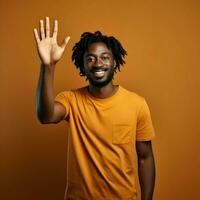 AI generated Photo of a dark skinned smiling man waving on an orange background. High quality . AI Generative