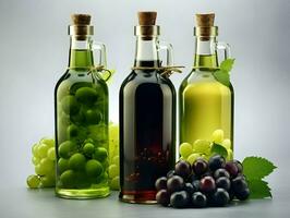 AI generated Grape juice with grapes in glass bottles on a light background. High quality. AI Generative photo