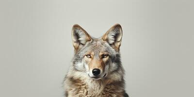 ai generado realista imagen de un coyote, lobo en un gris antecedentes. retrato de un salvaje animal, depredador foto