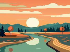 puesta de sol naturaleza paisaje ilustración a mano creado vector