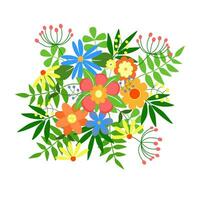 Vector illustration of flowers on a white background. A bouquet of wildflowers in the center of the illustration for decor and decoration.