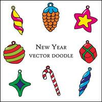 New Year vector doodle set. Color illustration of New Year's toys in cartoon style on a white background.