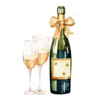 AI generated Champagne bottle with glass ,watercolor isolated on transparent  background. Ai Generate png