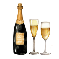 AI generated Champagne bottle with glass ,watercolor isolated on transparent  background. Ai Generate png