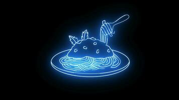 An animated video of the Italian food Spaghetti icon with a glowing neon effect