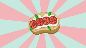 Animation of the typical Italian food Bruschetta icon with a rotating background video