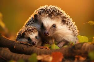 AI generated Hedgehogs,  Erinaceus Europaeus. Close up of two wild, native European hedgehogs photo