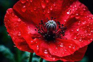 AI generated Red poppy with dew drops on the petals photo