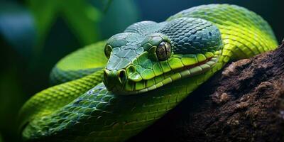 ai generado verde venenoso serpiente en el árbol foto