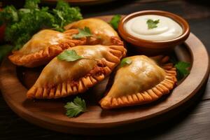 AI generated Empanadas with meat, seasoned with sauce photo