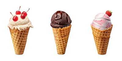 AI generated Chocolate ice cream strawberry ice cream vanilla ice cream scoop with cone png