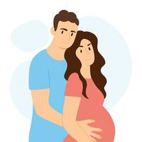 Happy family expecting a child. Vector illustration of husband and pregnant wife. Baby waiting concept.